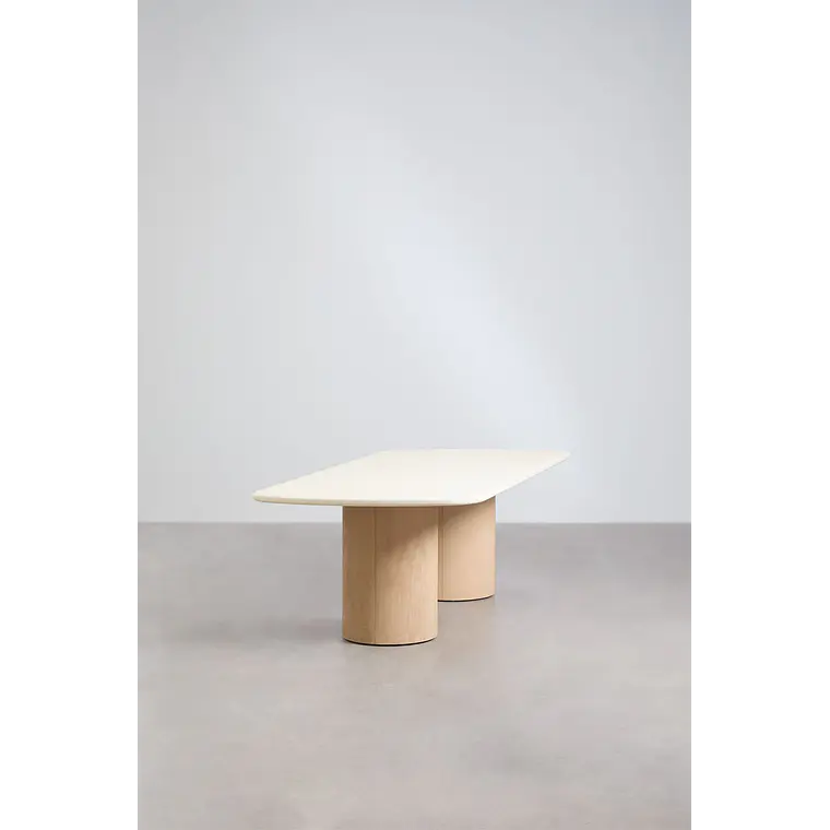 Set de mesa rectangular 230x110 cm y 2 bancos de jardín en cemento y madera de acacia Dorina 3