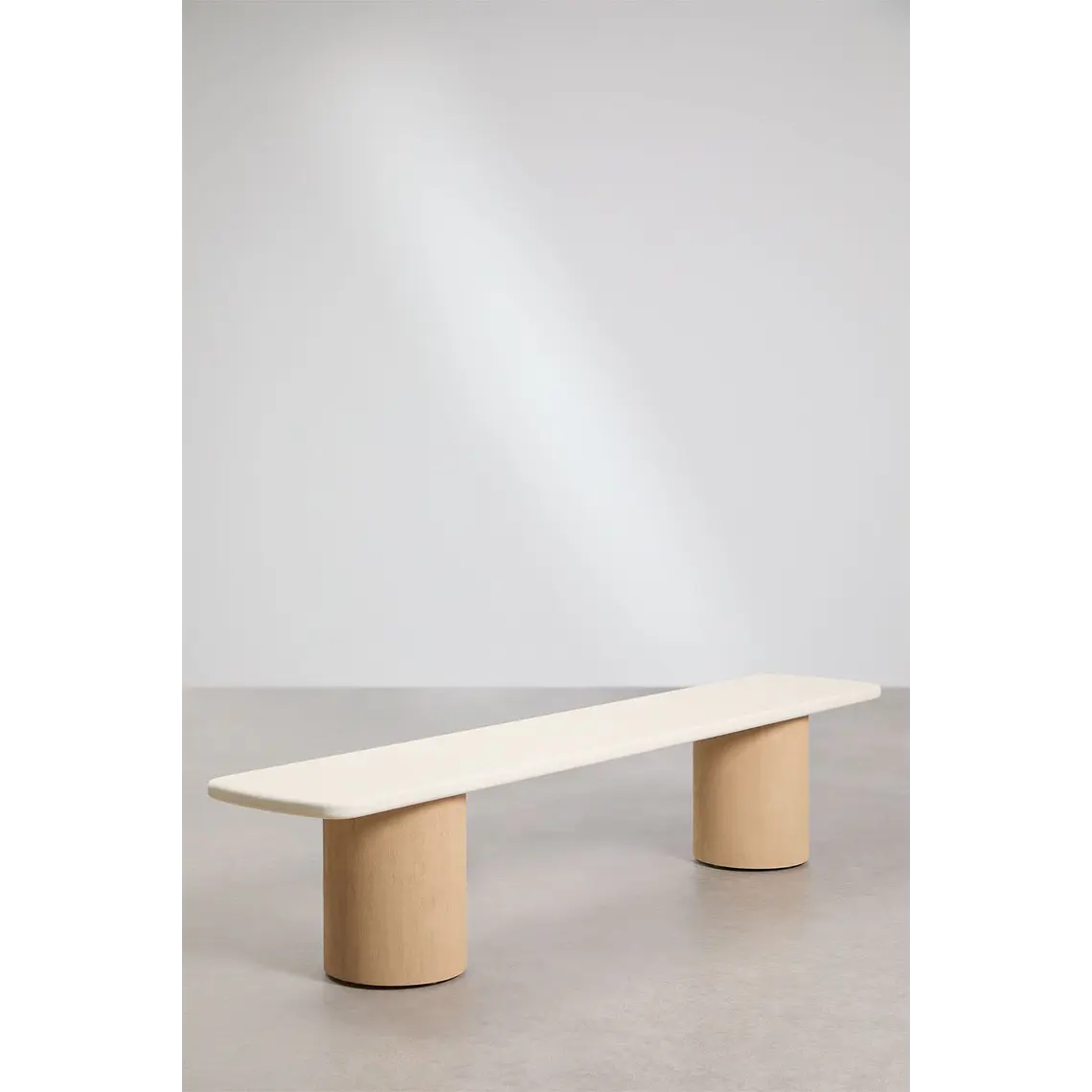 Set de mesa rectangular 230x110 cm y 2 bancos de jardín en cemento y madera de acacia Dorina 5