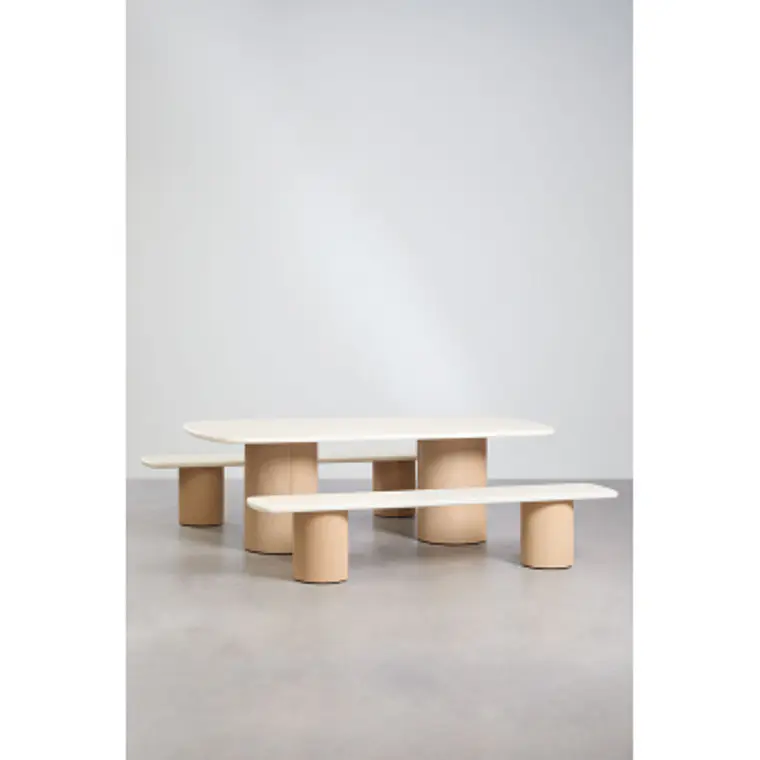Set de mesa rectangular 230x110 cm y 2 bancos de jardín en cemento y madera de acacia Dorina 10