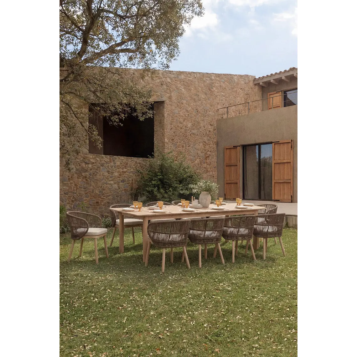 Set de mesa rectangular 250-310x105 cm extensible y 10 sillas de jardín en madera de acacia y cuerda trenzada Falina 1