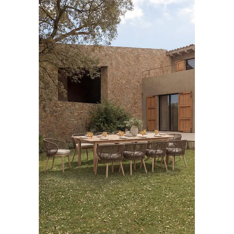 Set de mesa rectangular 250-310x105 cm extensible y 10 sillas de jardín en madera de acacia y cuerda trenzada Falina 1