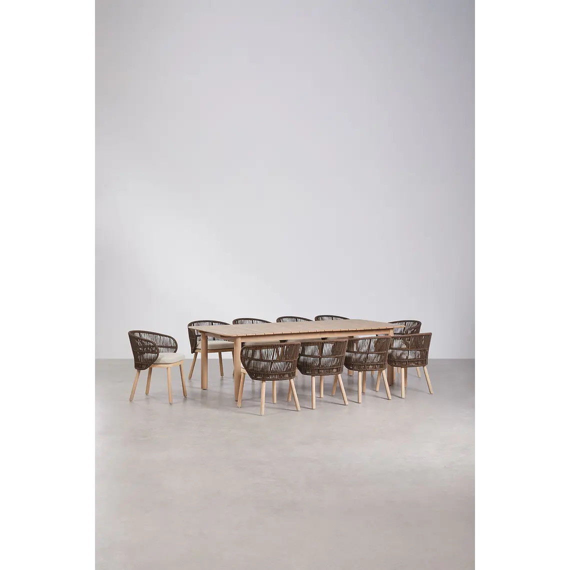 Set de mesa rectangular 250-310x105 cm extensible y 10 sillas de jardín en madera de acacia y cuerda trenzada Falina 3