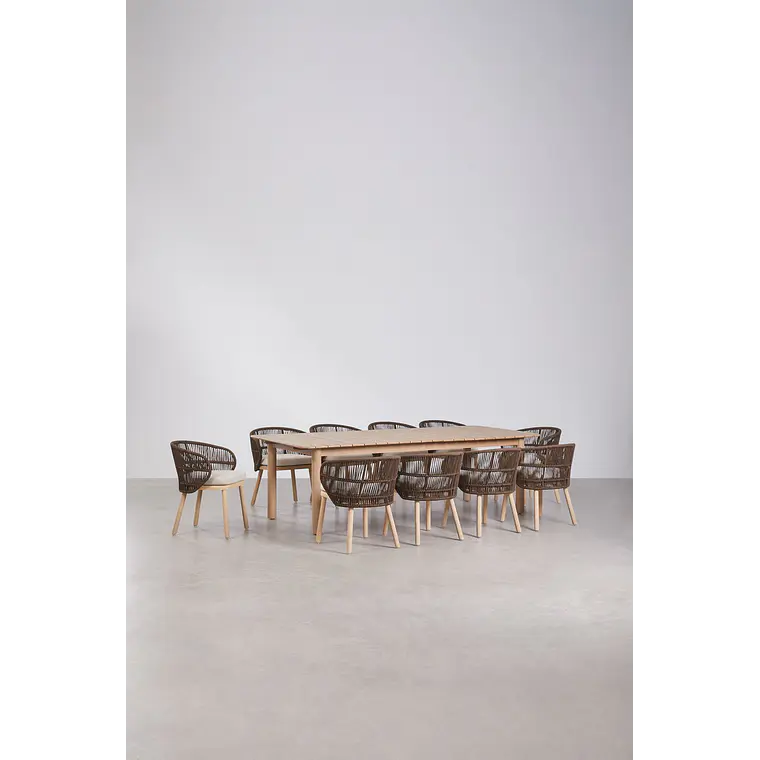 Set de mesa rectangular 250-310x105 cm extensible y 10 sillas de jardín en madera de acacia y cuerda trenzada Falina 3