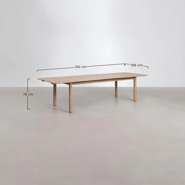 Set de mesa rectangular 250-310x105 cm extensible y 10 sillas de jardín en madera de acacia y cuerda trenzada Falina 12