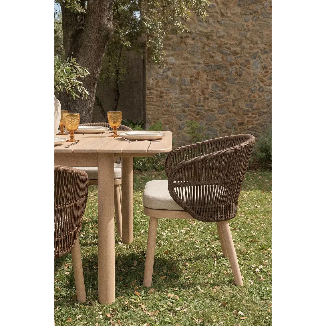 Set de mesa rectangular 250-310x105 cm extensible y 12 sillas de jardín en madera de acacia y cuerda trenzada Fiorina 2