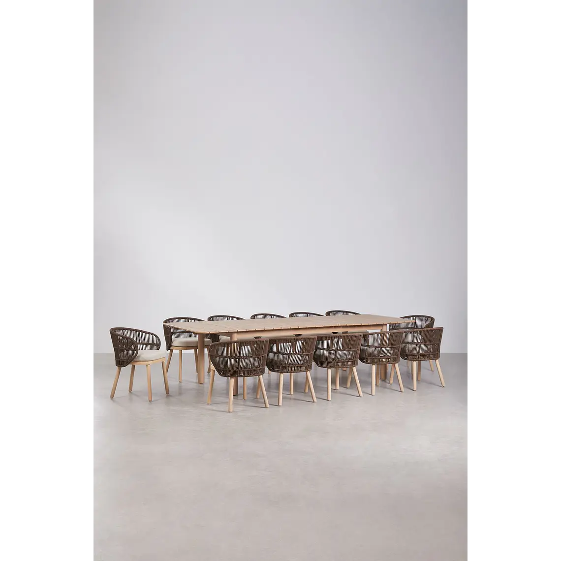 Set de mesa rectangular 250-310x105 cm extensible y 12 sillas de jardín en madera de acacia y cuerda trenzada Fiorina 3