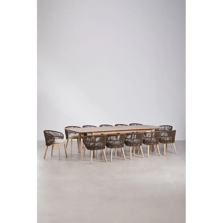 Set de mesa rectangular 250-310x105 cm extensible y 12 sillas de jardín en madera de acacia y cuerda trenzada Fiorina 3