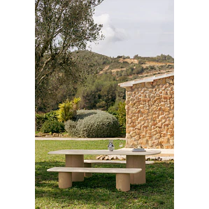 Set de mesa rectangular 270x110 cm y 2 bancos de jardín en cemento y madera de acacia Elvina