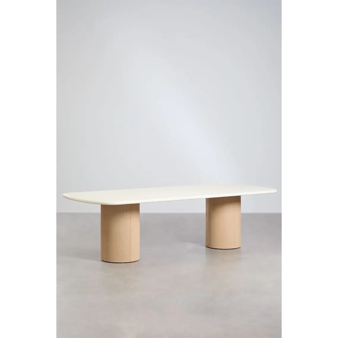 Set de mesa rectangular 270x110 cm y 2 bancos de jardín en cemento y madera de acacia Elvina 4