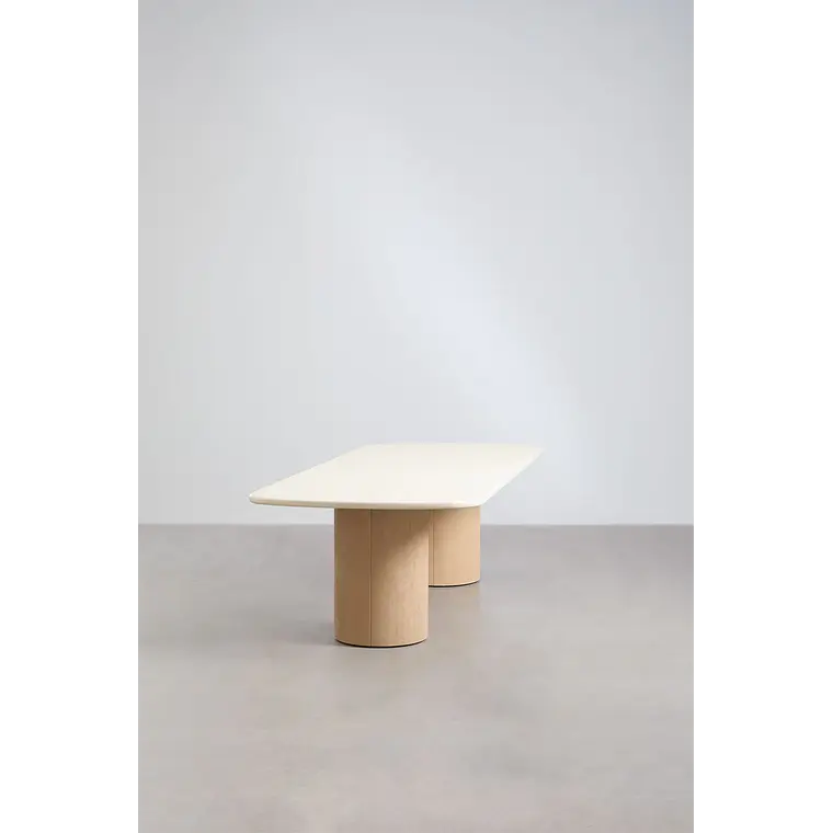 Set de mesa rectangular 270x110 cm y 2 bancos de jardín en cemento y madera de acacia Elvina 5