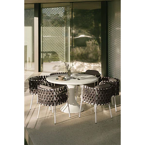Set de mesa redonda Ø120 cm en cemento Eloria y 6 sillas de jardín en aluminio y cuerda trenzada Damina