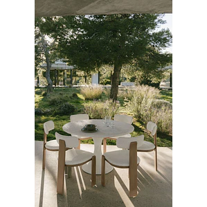 Set de mesa redonda Ø120 cm en cemento Eloria y 6 sillas de jardín en madera de acacia y tela bouclé Celina