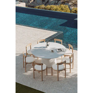 Set de mesa redonda Ø150 cm en cemento Numira y 8 sillas de jardín en madera de acacia Benira