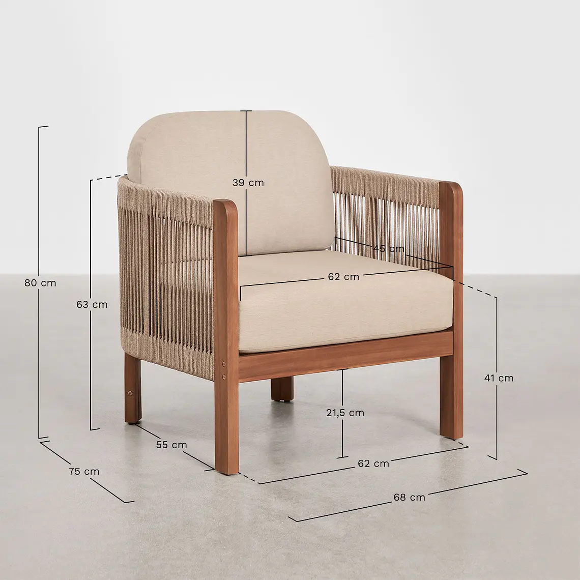 Sillón de jardín en madera de acacia y cuerda trenzada Calora 12