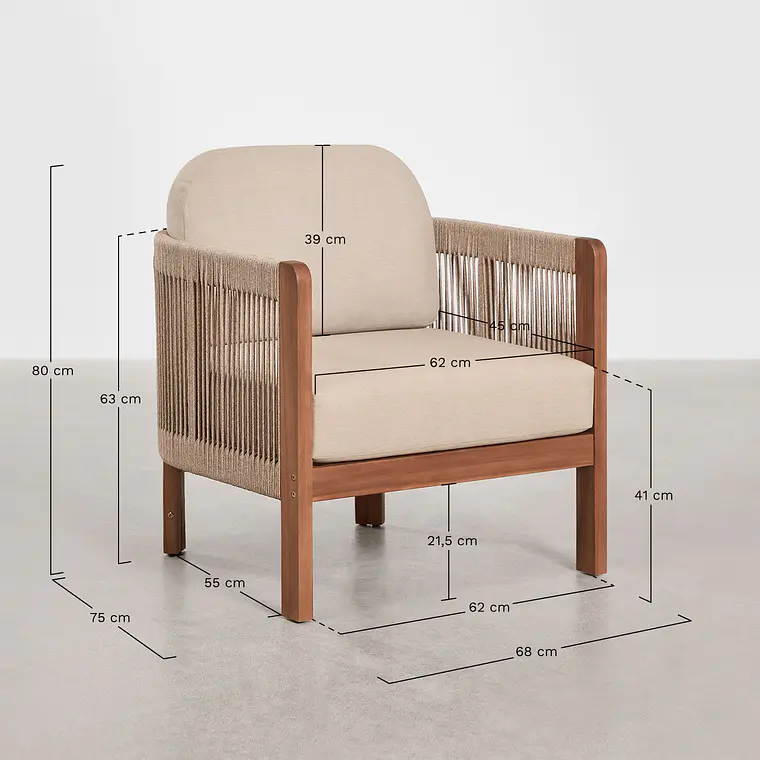 Sillón de jardín en madera de acacia y cuerda trenzada Calora 12