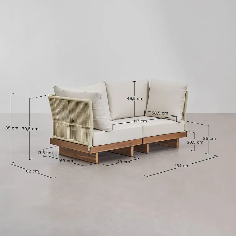 Sofá modular de jardín de 2 piezas con 2 sillones esquineros en madera de acacia Lenora 11