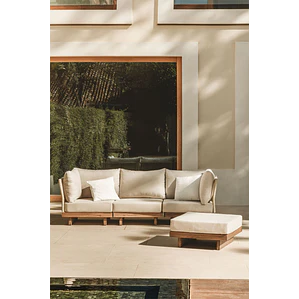 Sofá modular de jardín de 3 piezas con 2 sillones esquineros y puff en madera de acacia Sarena