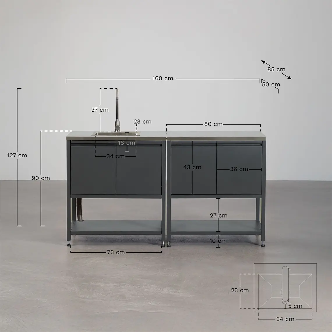 Cocina modular de exterior de 2 piezas con fregadero y almacenaje en acero Ravina 11
