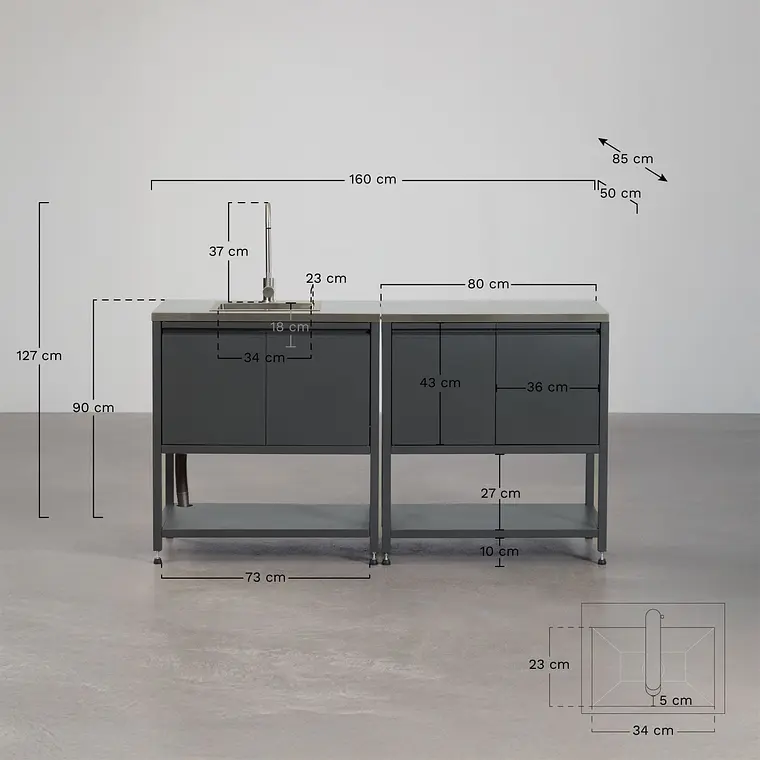 Cocina modular de exterior de 2 piezas con fregadero y almacenaje en acero Ravina 11