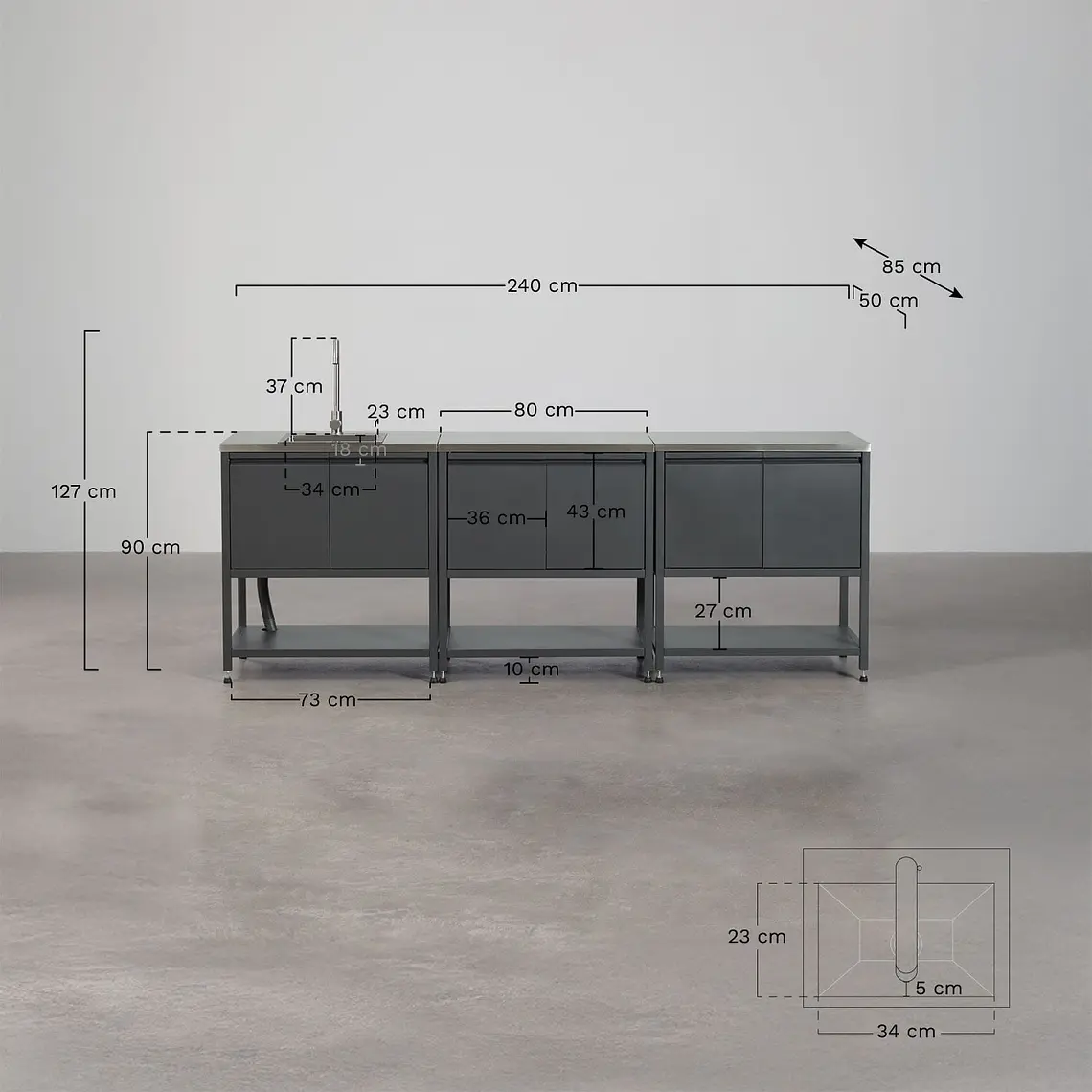 Cocina modular de exterior de 3 piezas con fregadero y almacenaje en acero Renira 11