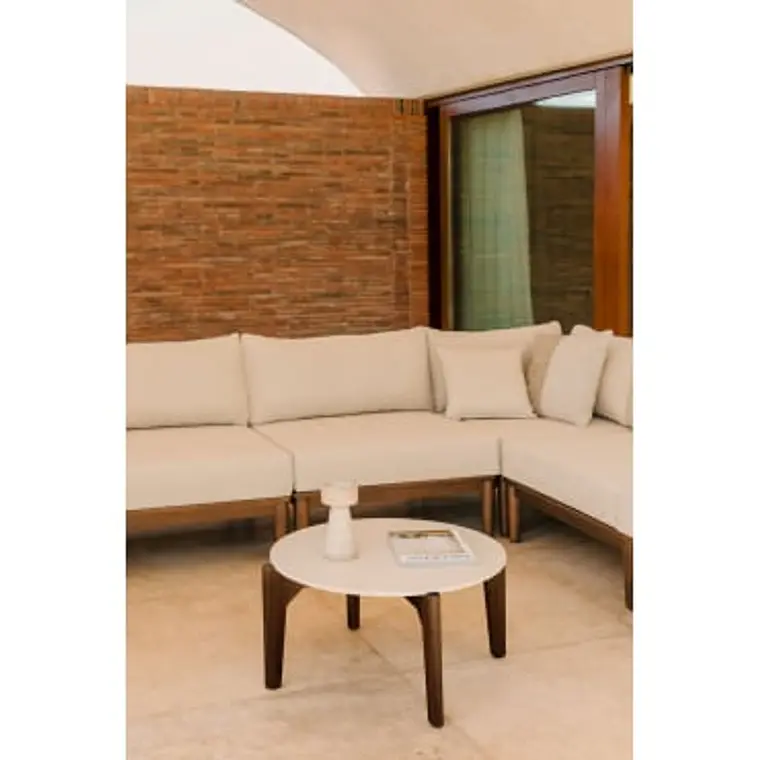 Mesa de centro para jardín redonda en cemento y madera de acacia Lenia 7