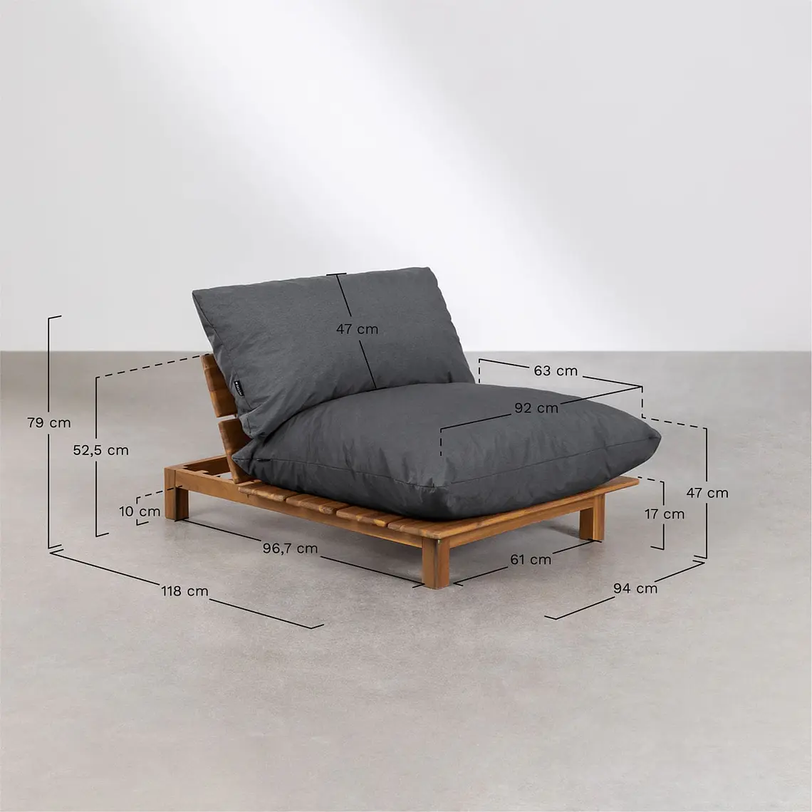 Módulo central reclinable para sofá modular de jardín en madera de acacia Elana 9