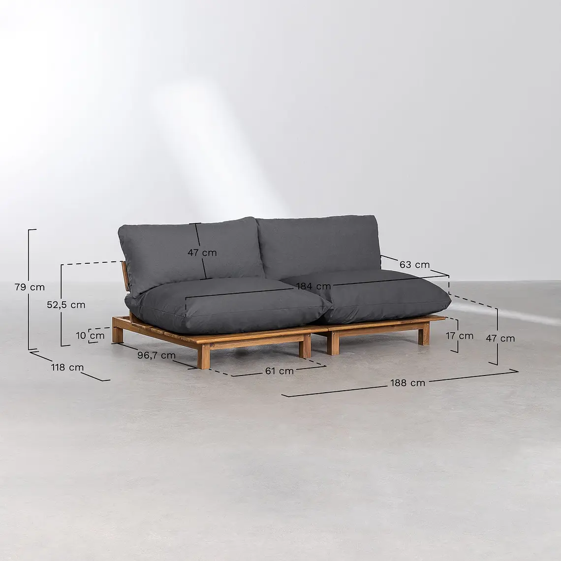 Sofá modular reclinable de jardín de 2 piezas en madera de acacia Joria 10