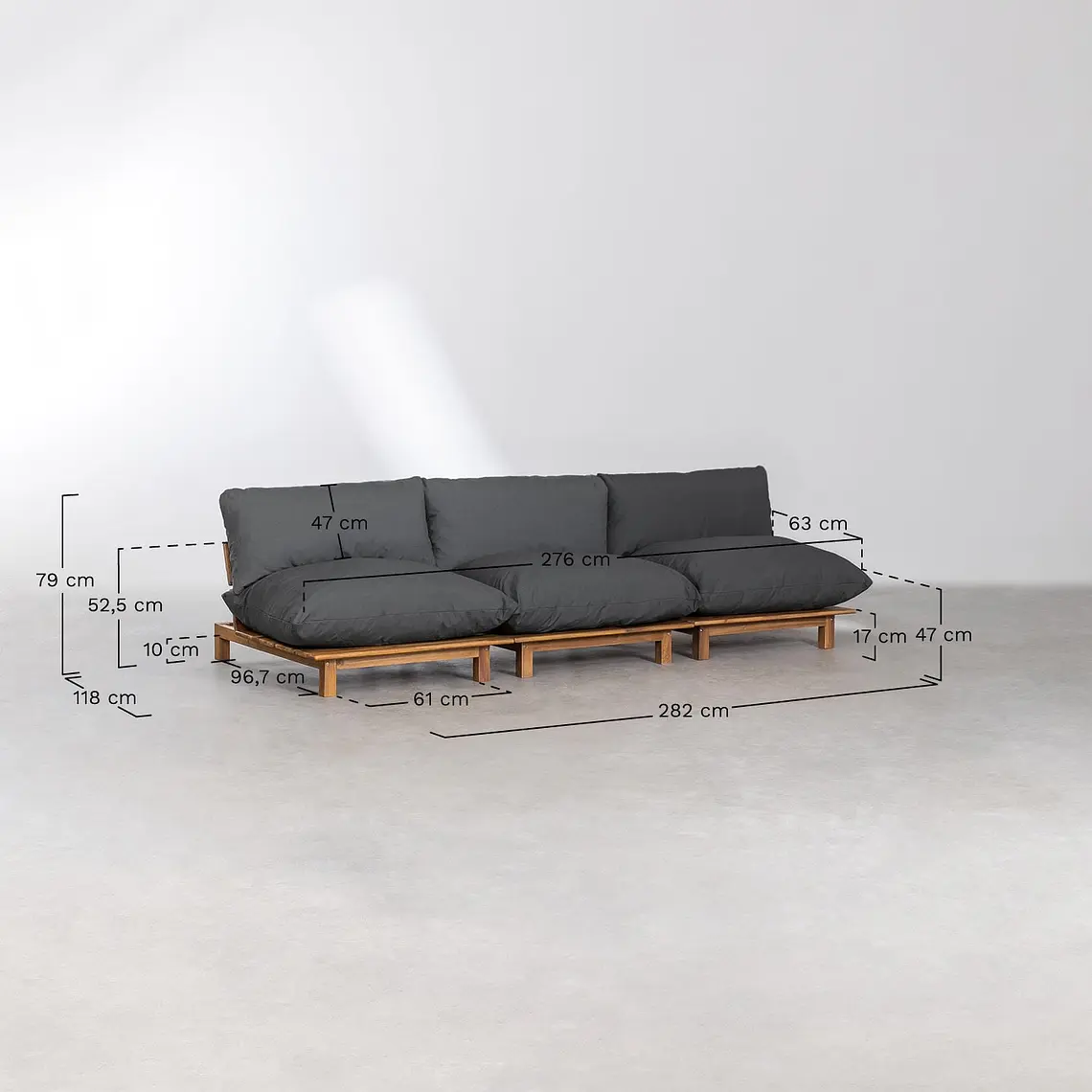 Sofá modular reclinable de jardín de 3 piezas en madera de acacia Kelia 10