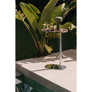 Mesa auxiliar para jardín ovalada 45x25 cm en acero inoxidable y mármol Lenira