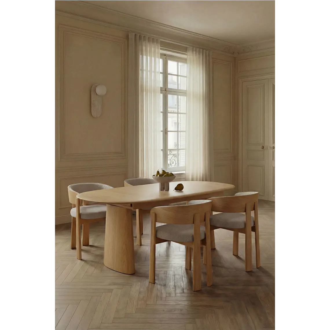 Mesa de comedor ovalada extensible en MDF y chapa de fresno 1