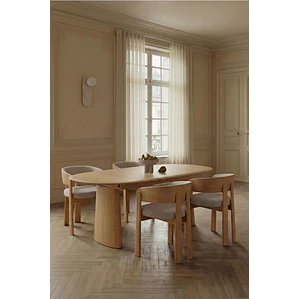 Mesa de comedor ovalada extensible en MDF y chapa de fresno