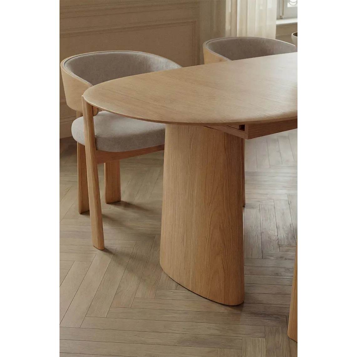 Mesa de comedor ovalada extensible en MDF y chapa de fresno 3