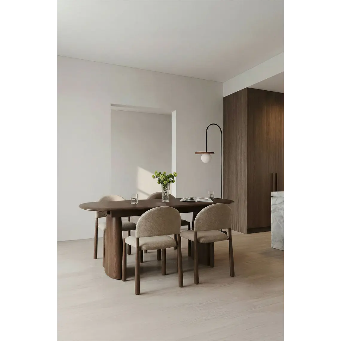 Mesa de comedor ovalada extensible en MDF y chapa de fresno 15