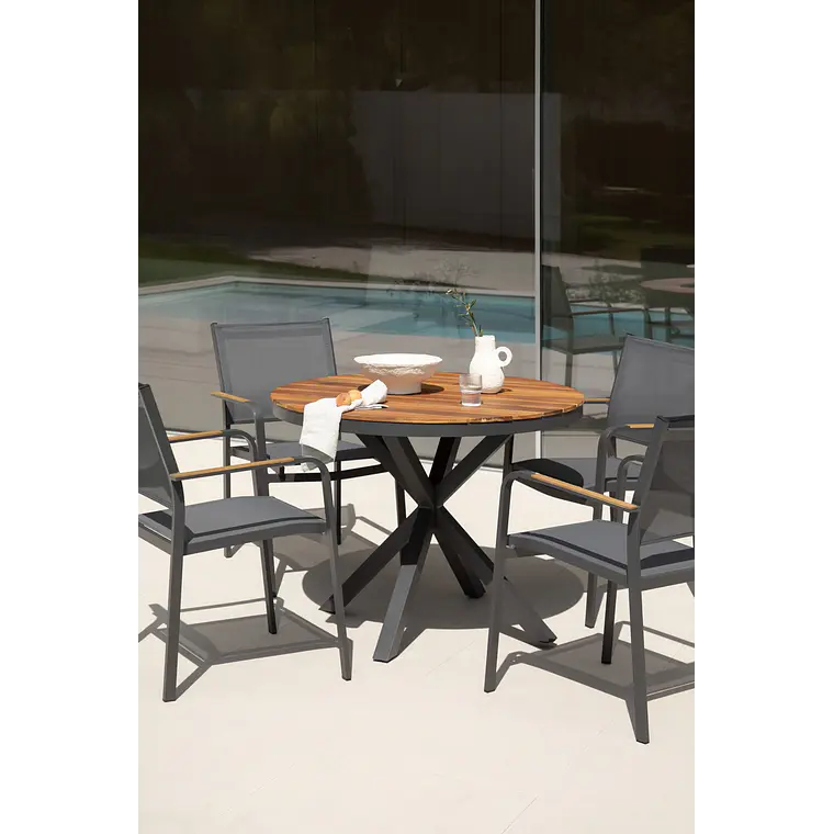 Mesa de jardín redonda en madera de eucalipto y aluminio Dora 2