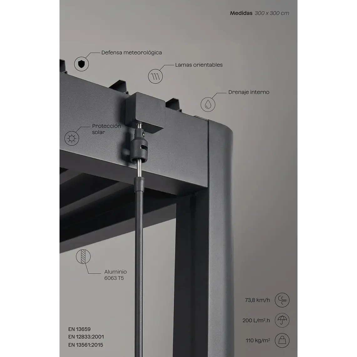 Pérgola bioclimática de aluminio con lamas y paneles laterales Liorina 2