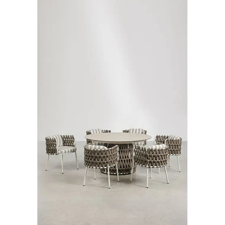 Set de mesa redonda Ø140 cm en cerámica y 6 sillas de jardín con reposabrazos en aluminio y cuerda trenzada Dunora 4