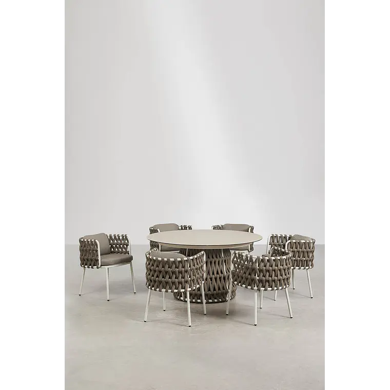 Set de mesa redonda Ø140 cm en cerámica y 6 sillas de jardín con reposabrazos en aluminio y cuerda trenzada Dunora 15