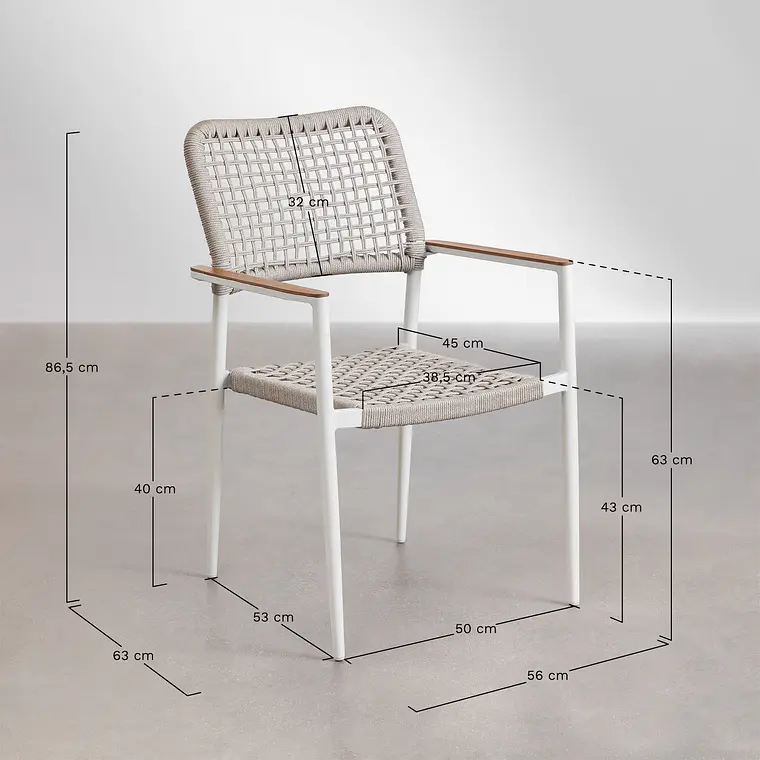 Silla de jardín apilable con reposabrazos en aluminio y cuerda trenzada Zoria 9