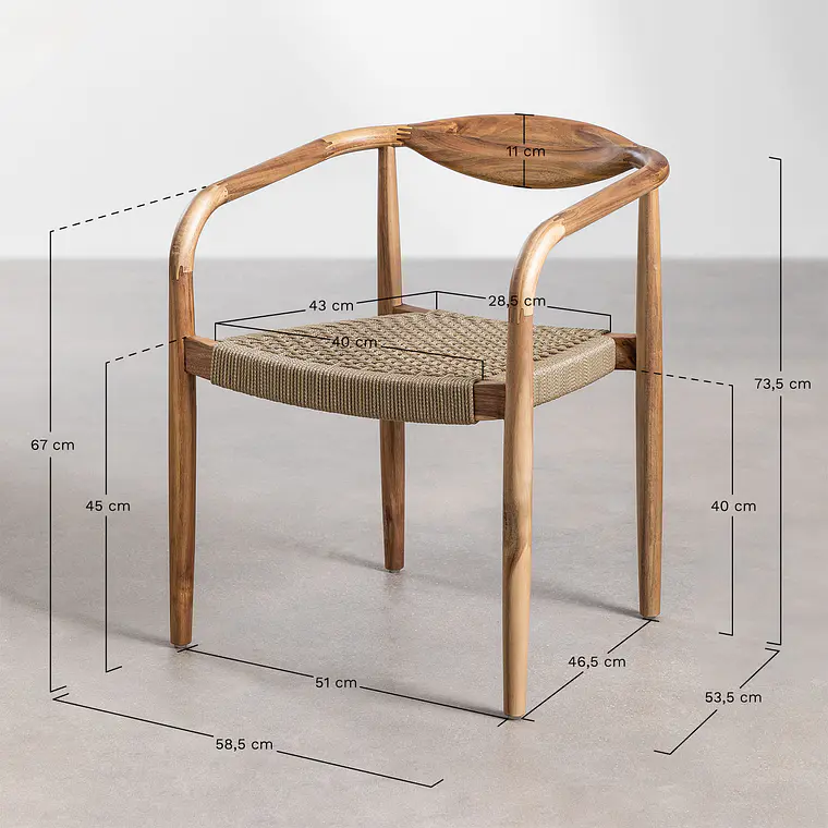 Silla de jardín con reposabrazos en madera de acacia y cuerda trenzada Ilania 10