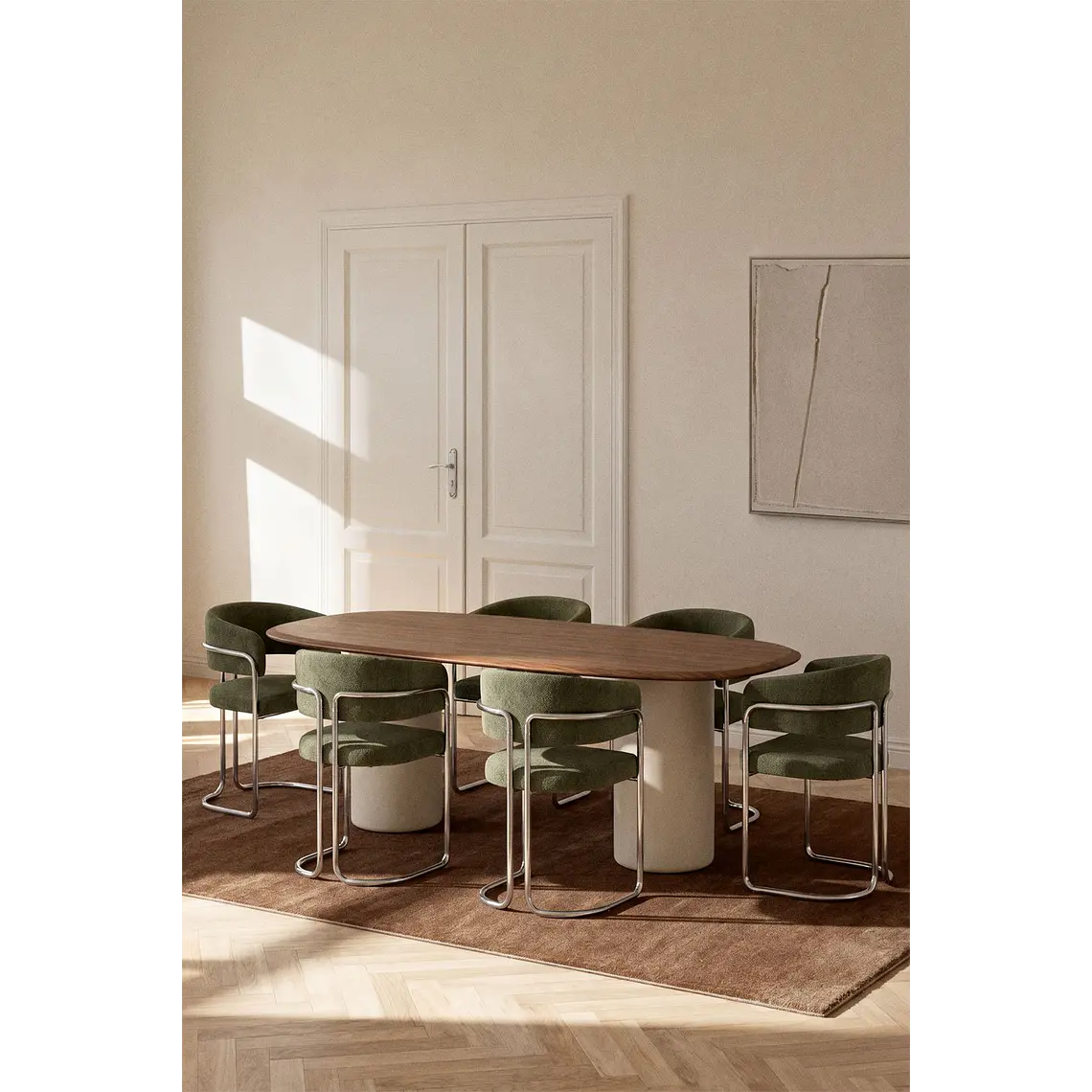 Mesa de comedor ovalada en MDF y cemento 13