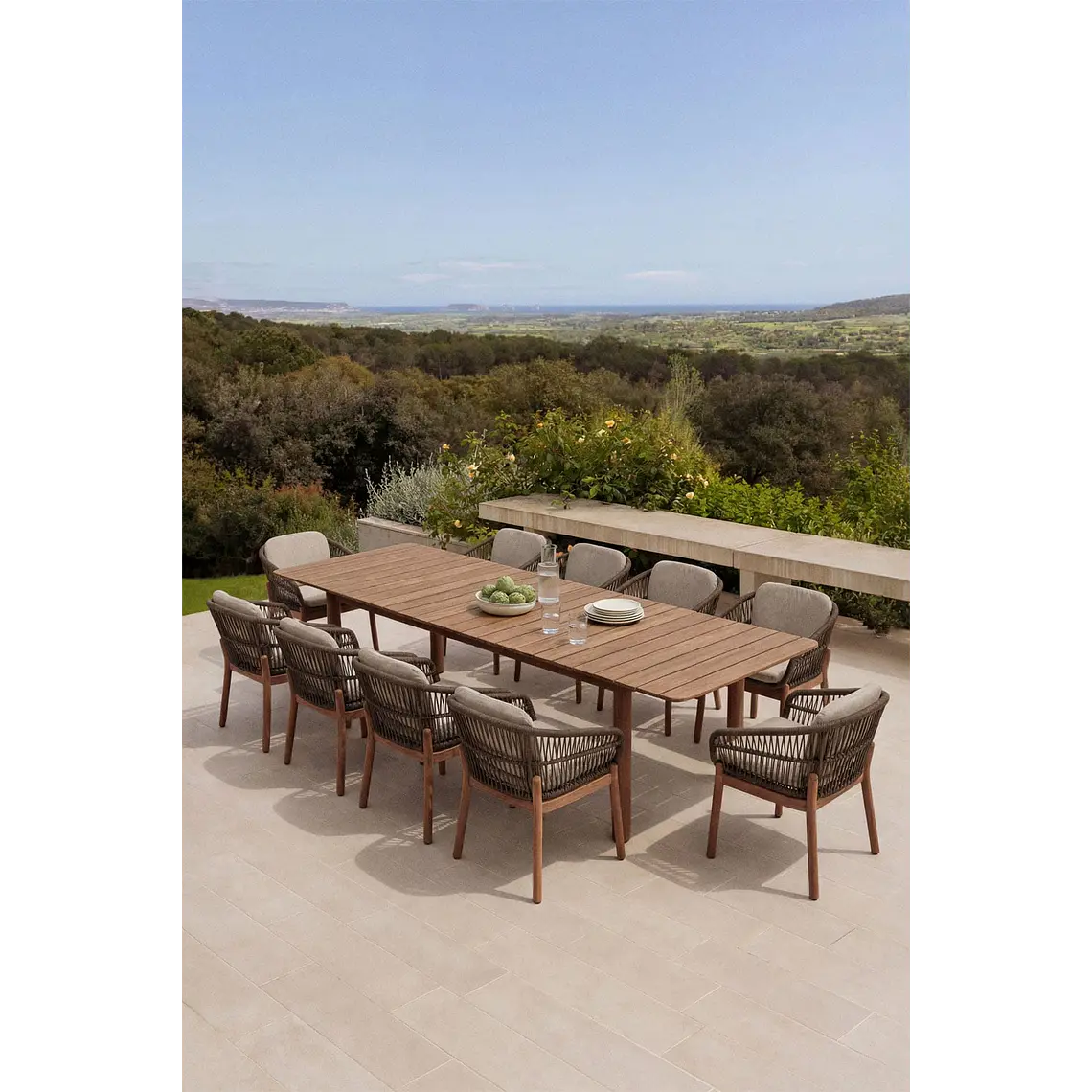 Set de mesa rectangular 250-310x105 cm extensible y 10 sillas de jardín en madera de acacia y cuerda trenzada Jorina 1