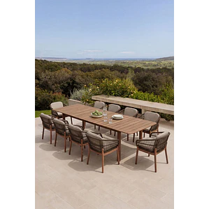 Set de mesa rectangular 250-310x105 cm extensible y 10 sillas de jardín en madera de acacia y cuerda trenzada Jorina