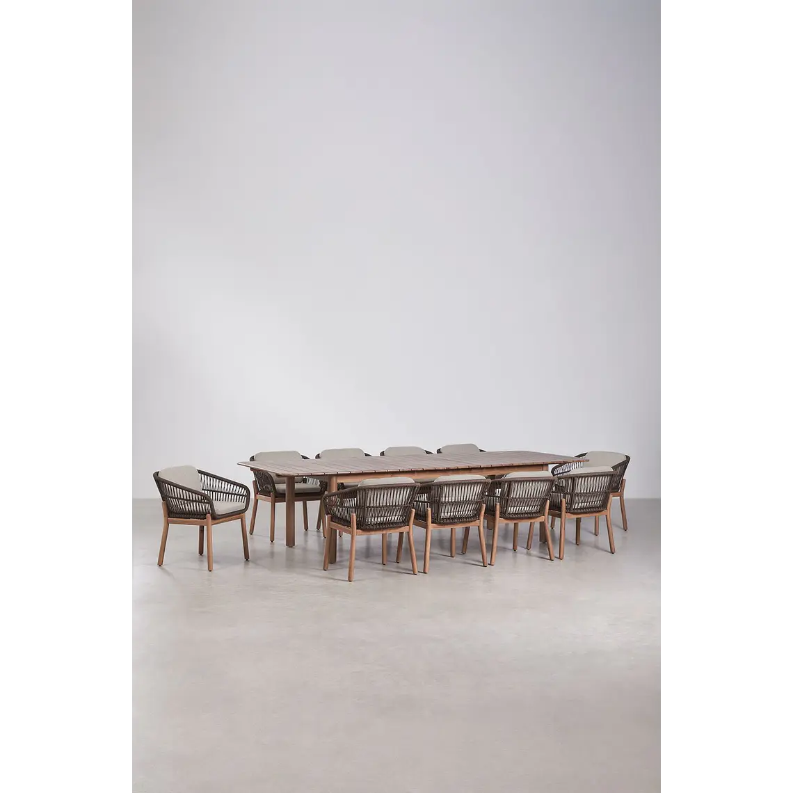 Set de mesa rectangular 250-310x105 cm extensible y 10 sillas de jardín en madera de acacia y cuerda trenzada Jorina 3