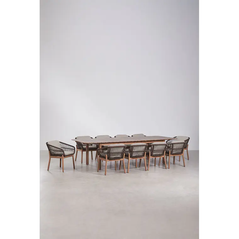 Set de mesa rectangular 250-310x105 cm extensible y 10 sillas de jardín en madera de acacia y cuerda trenzada Jorina 3