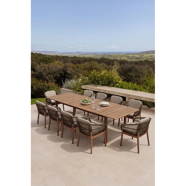 Set de mesa rectangular 250-310x105 cm extensible y 10 sillas de jardín en madera de acacia y cuerda trenzada Jorina 13