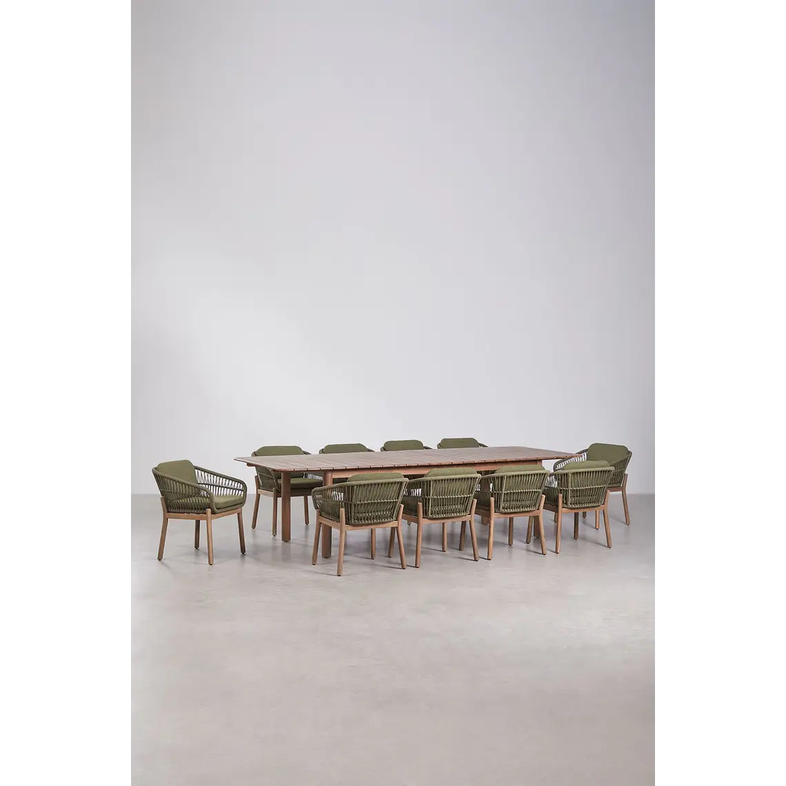 Set de mesa rectangular 250-310x105 cm extensible y 10 sillas de jardín en madera de acacia y cuerda trenzada Jorina 14