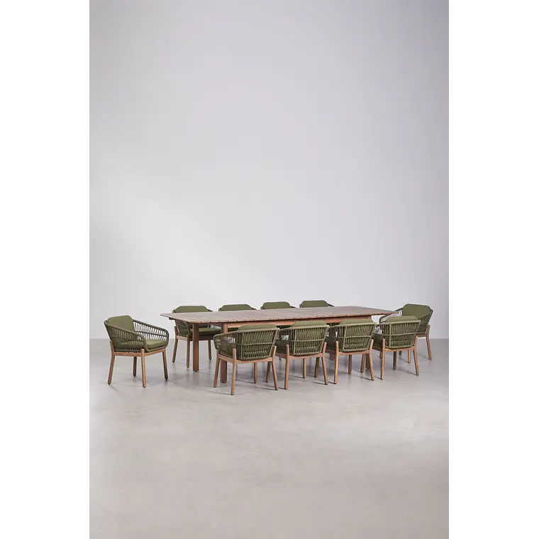 Set de mesa rectangular 250-310x105 cm extensible y 10 sillas de jardín en madera de acacia y cuerda trenzada Jorina 14