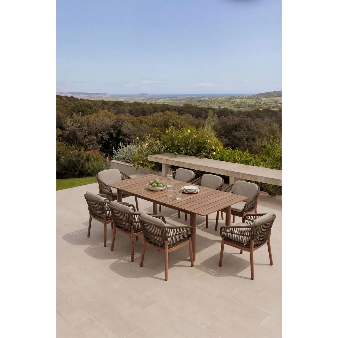 Set de mesa rectangular 250-310x105 cm extensible y 8 sillas de jardín en madera de acacia y cuerda trenzada Ilanira 1
