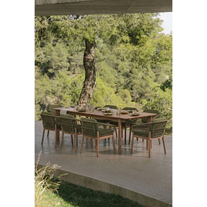 Set de mesa rectangular 250-310x105 cm extensible y 8 sillas de jardín en madera de acacia y cuerda trenzada Ilanira