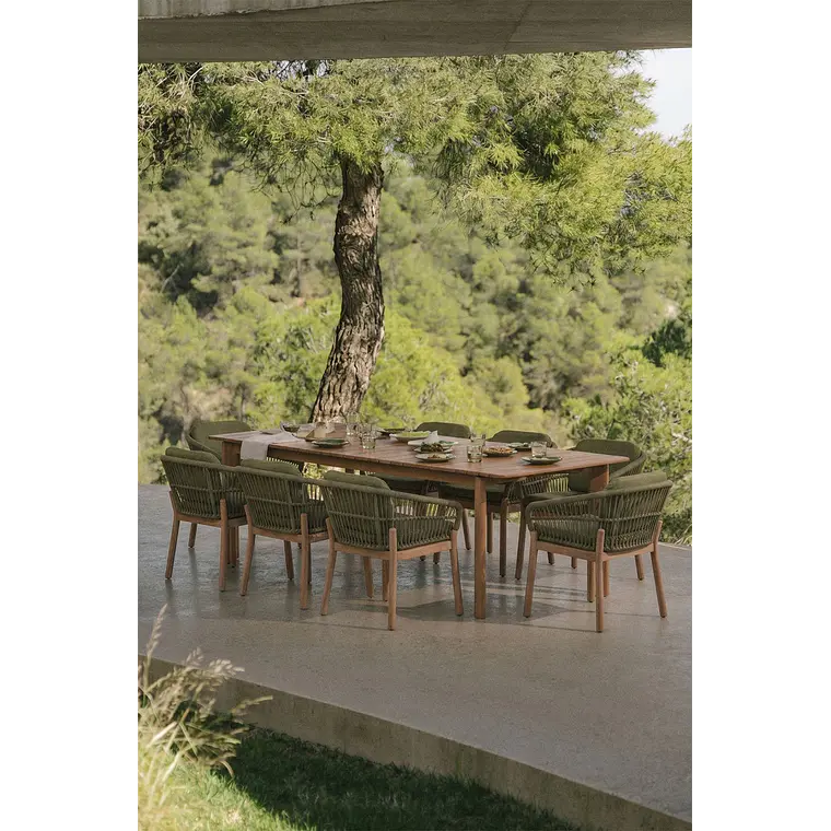 Set de mesa rectangular 250-310x105 cm extensible y 8 sillas de jardín en madera de acacia y cuerda trenzada Ilanira 2